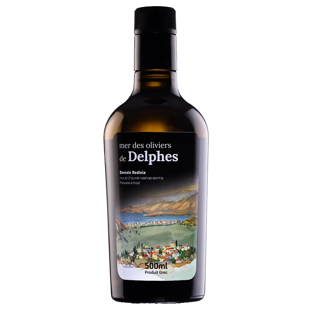 Mer des Oliviers de Delphes εξαιρετικό παρθένο ελαιόλαδο μπουκάλι μπροστινή όψη
