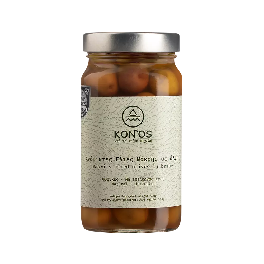 Φυσικές Ανάμικτες Ελιές Μάκρης σε Άλμη Konos μπροστινή όψη