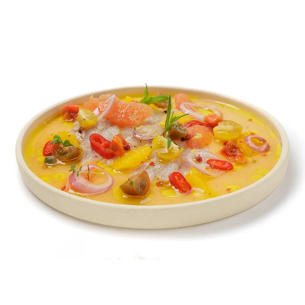Recipe from chef Vasili Leonidou Ceviche with prickly pear and grapefruit served with extra virgin olive oil of Kolovi variety