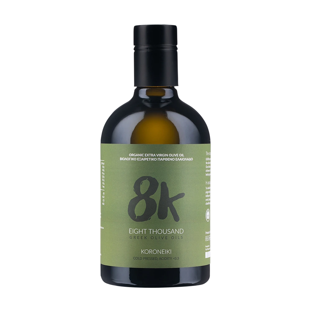 8K Premium Koroneiki organic olive oil bottle front view