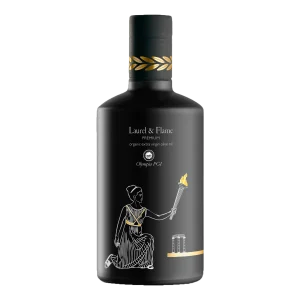 Laurel and Flame Olympia PGI Organic extra virgin olive oil bottle front view