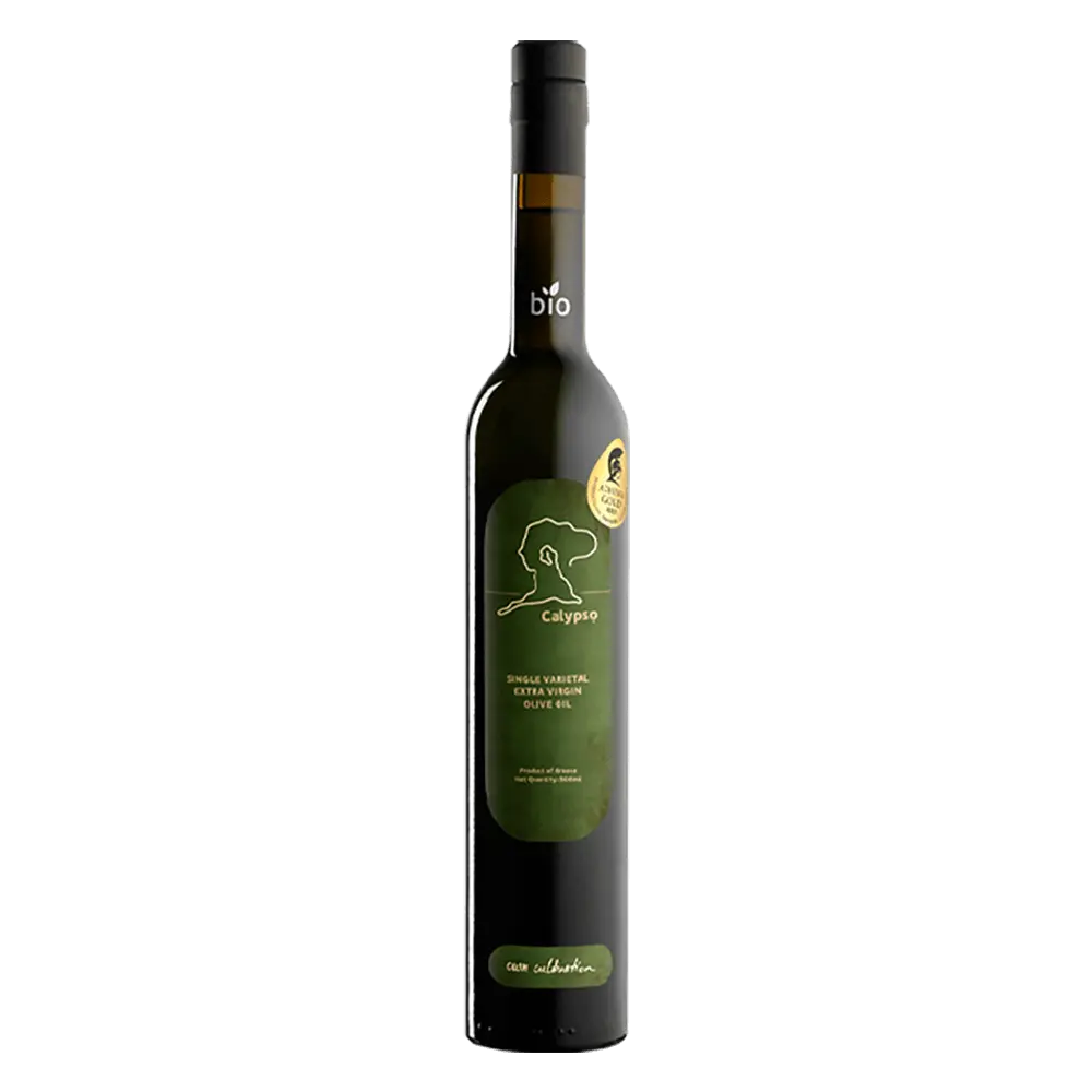 Calypso single varietal organic extra virgin olive oil bottle front view