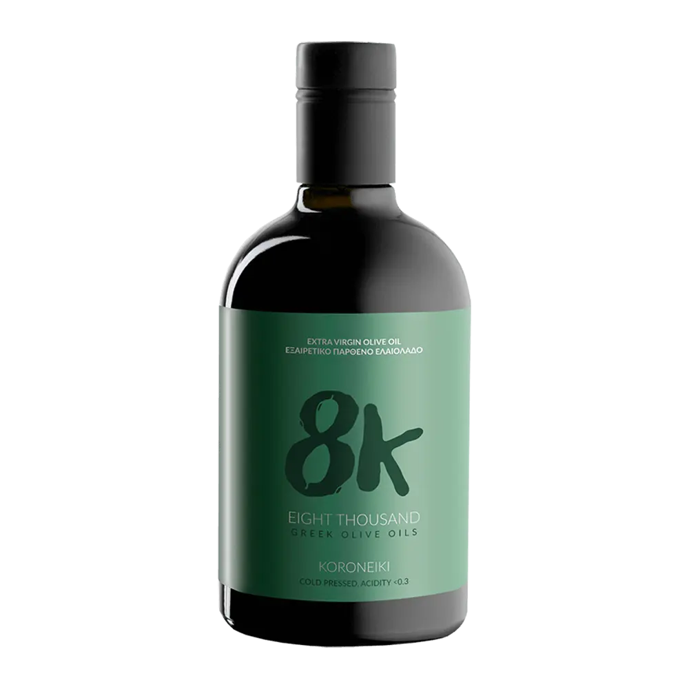 8K Koroneiki Premium extra virgin olive oil bottle front view