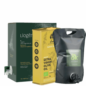 Mix and Match Family Organic με τρείς συσκευασίες από βιολογικά εξαιρετικά παρθένα ελαιόλαδα 3 και 5 λίτρων μπροστινή όψη