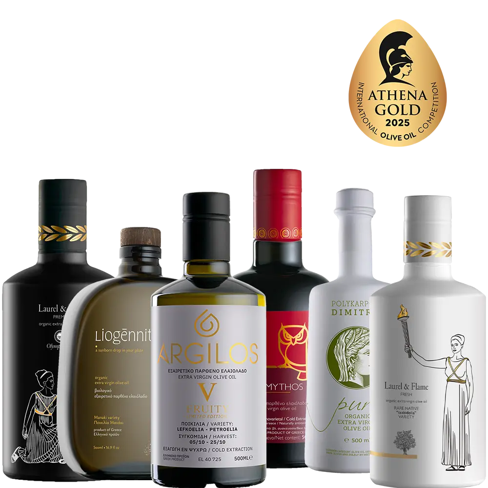 Mix and Match of six Extra Virgin Olive Oils front view gold awarded from Athena International Olive Oil Competition 2025