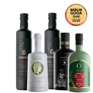 Mix and Match of five Extra Virgin Olive Oils front view gold awarded from Berlin GOOA Olive Oil Competition 2025