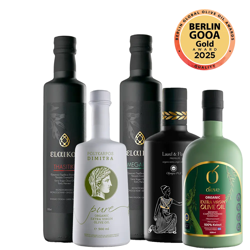 Mix and Match of five Extra Virgin Olive Oils front view gold awarded from Berlin GOOA Olive Oil Competition 2025