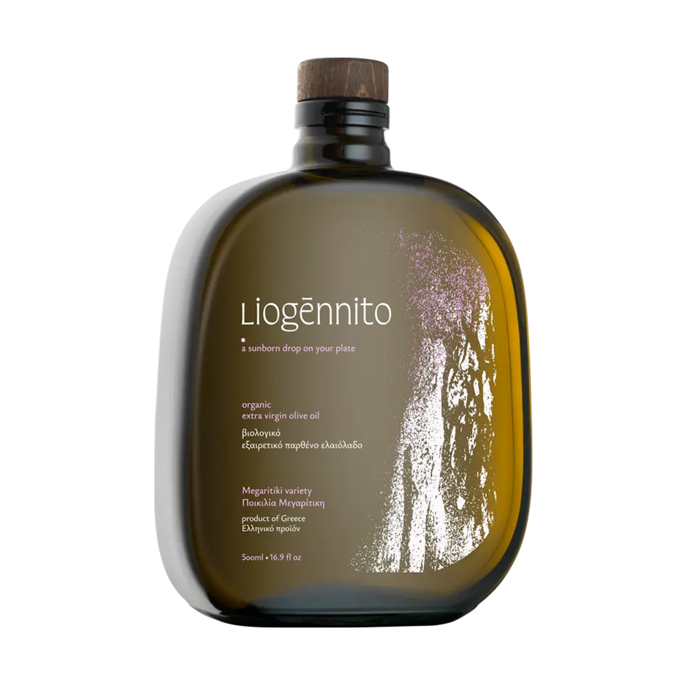 Liogennito Megaritiki Organic extra virgin olive oil bottle front view