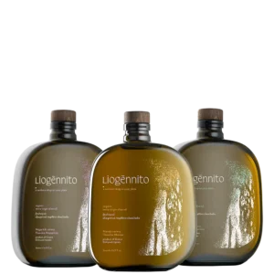 Mix and Match Liogennito συλλογή αποτελούμενη από τρεις διαφορετικές φιάλες από βιολογικά εξαιρετικά παρθένα ελαιόλαδα μπροστινή όψη