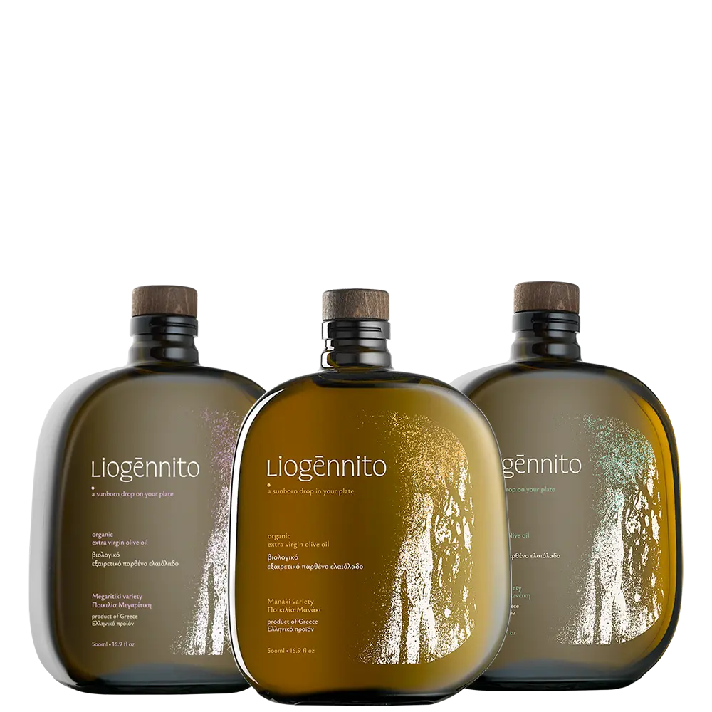 Mix and Match Liogennito συλλογή αποτελούμενη από τρεις διαφορετικές φιάλες από βιολογικά εξαιρετικά παρθένα ελαιόλαδα μπροστινή όψη