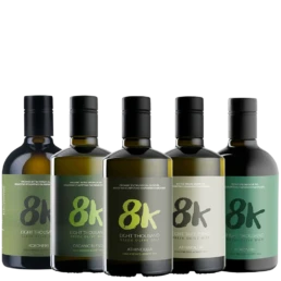 Mix and Match society consisting of five different bottles of 8K Premium Greek Olive Oils front view