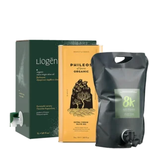 Mix and Match Family III organic extra virgin olive oil with three different packaging of 3 and 5 litres front view