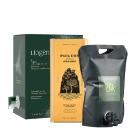 Mix and Match Family III organic extra virgin olive oil with three different packaging of 3 and 5 litres front view