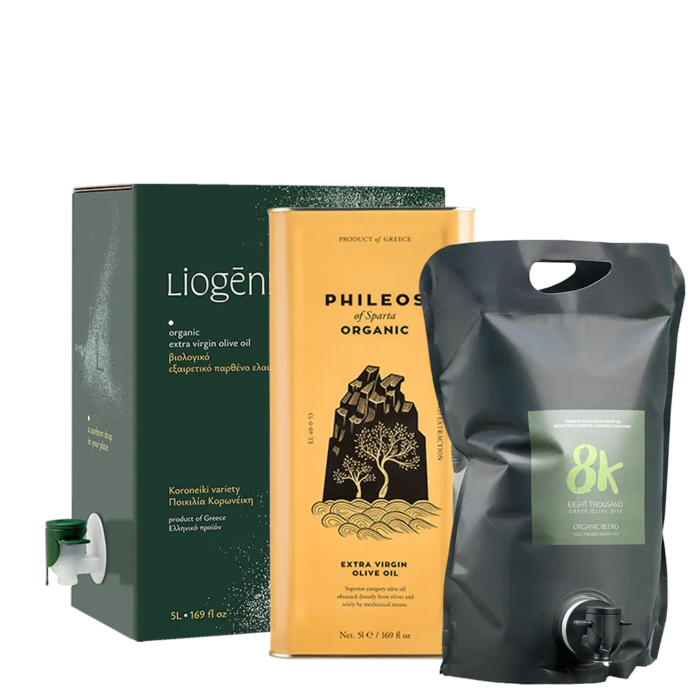 Mix and Match Family III organic extra virgin olive oil with three different packaging of 3 and 5 litres front view