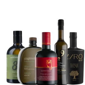 Mix and Match Koroneiki με πέντε φιάλες από εξαιρετικά παρθένα ελαιόλαδα ποικιλίας Κορωνέϊκης μπροστινή όψη