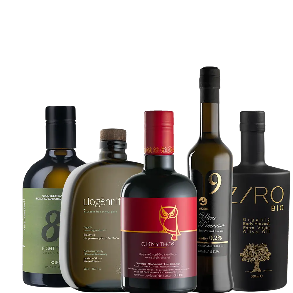Mix and Match Koroneiki extra virgin olive oil with five different bottles of Koroneiki variety front view
